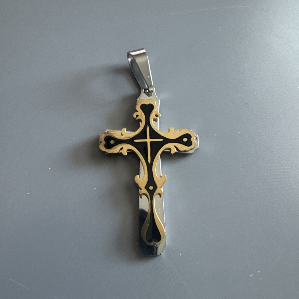 Vintage Gold / Black Tone Graphic Design Cross Pendant 24 Inch Chain Necklace